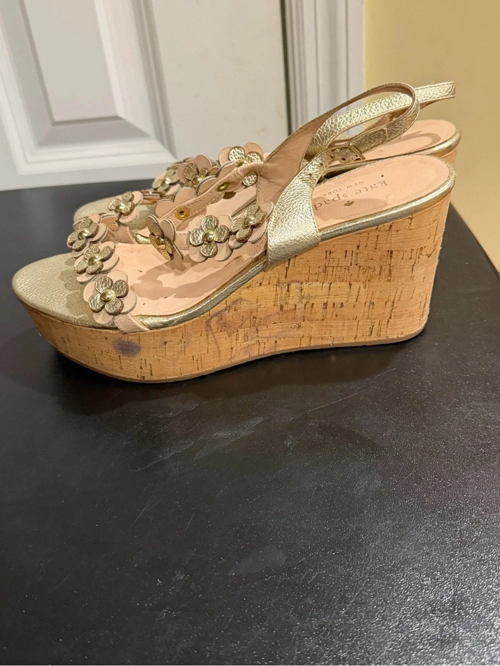 kate spade Gold Floral Leather Wedge Sandals